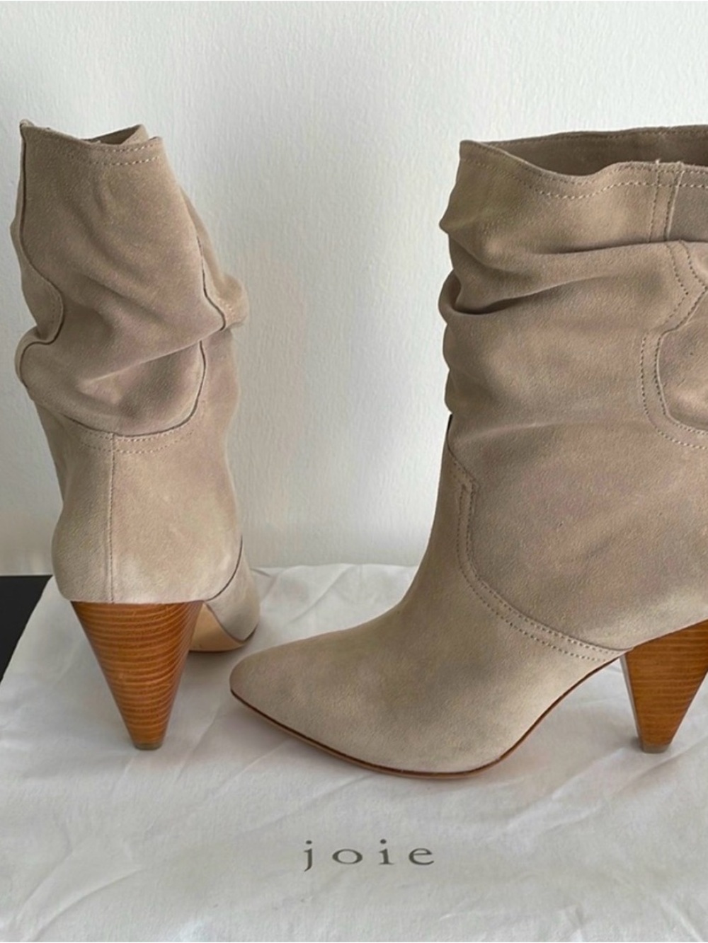 Joie Taupe Suede Slouch Cone Heel Booties